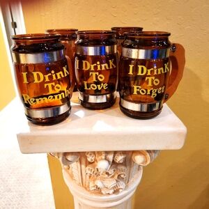 Beer Mugs, Amber Glass, Wooden Handles